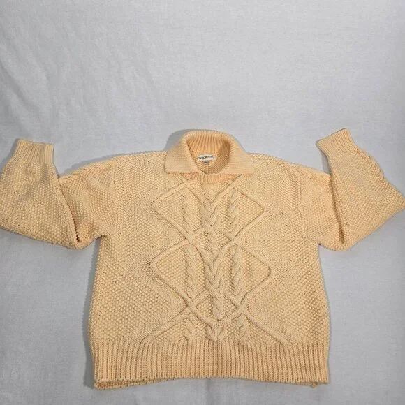 Vintage JW ROBINSON'S 90 Yellow Cotton Chunky Cable Knit Fisherman Sweater SizeM - Picture 8 of 17